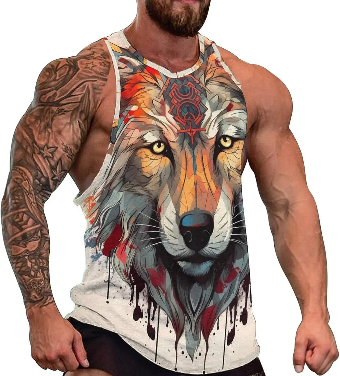MARSVOVO Camo Tank Top for Men 2024 Trendy Wolf Print Sleeveless Crewneck Vintage Summer Religion Totem Graphic Gym Vest