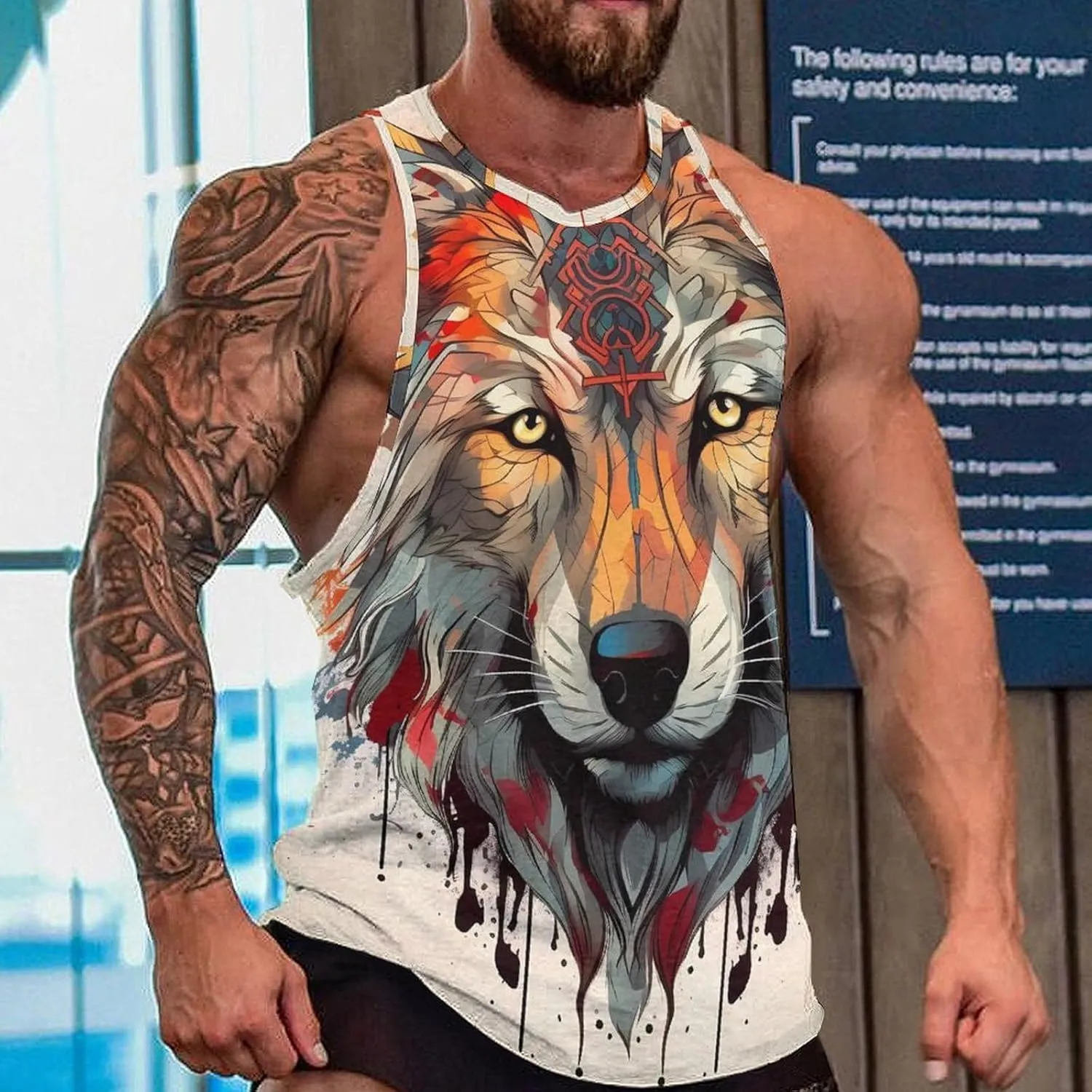 MARSVOVO Camo Tank Top for Men 2024 Trendy Wolf Print Sleeveless Crewneck Vintage Summer Religion Totem Graphic Gym Vest