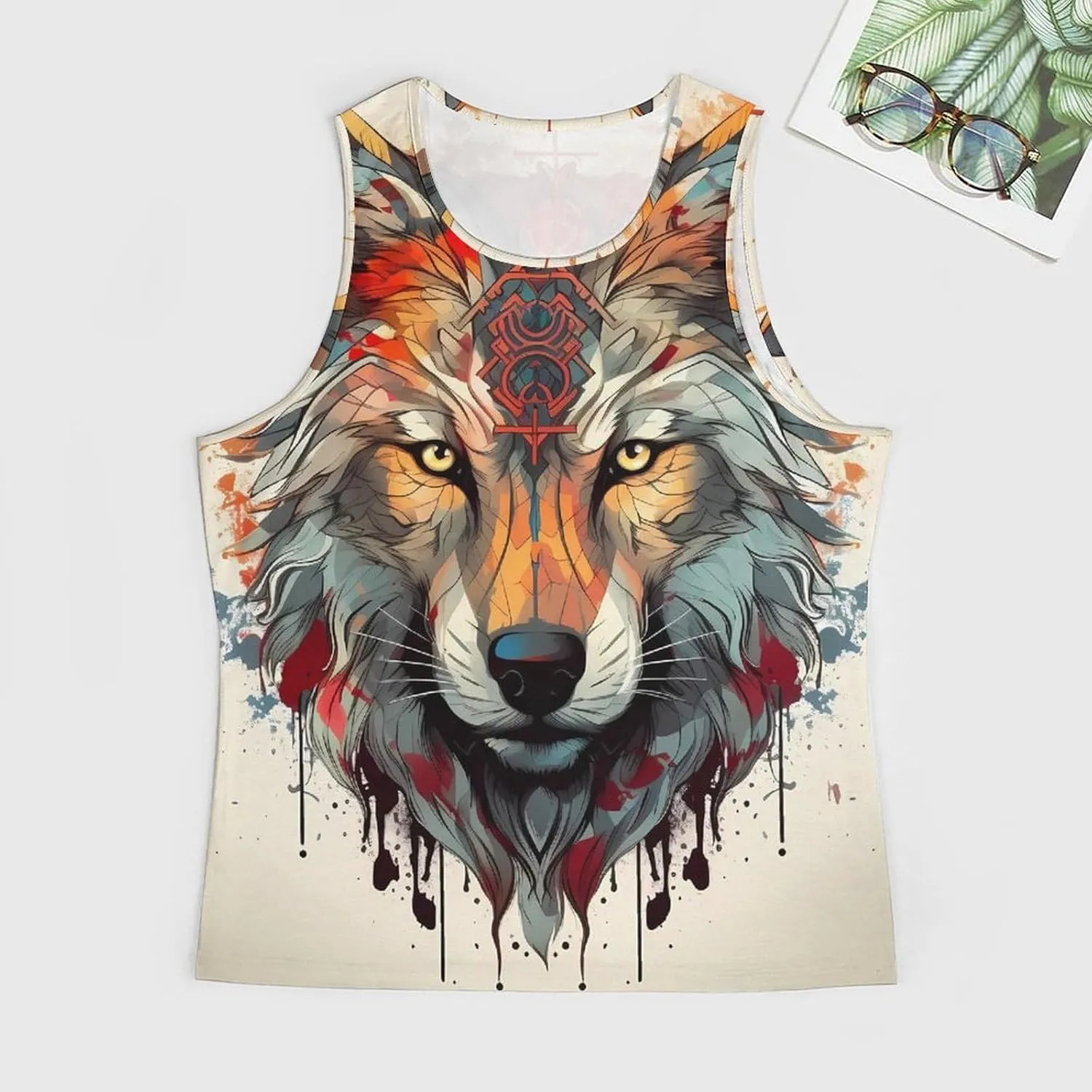 MARSVOVO Camo Tank Top for Men 2024 Trendy Wolf Print Sleeveless Crewneck Vintage Summer Religion Totem Graphic Gym Vest