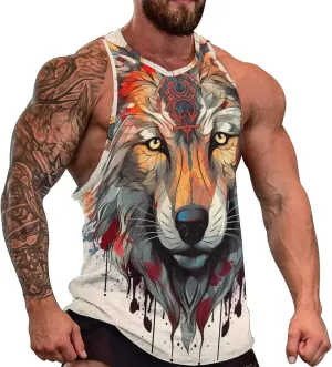 MARSVOVO Camo Tank Top for Men 2024 Trendy Wolf Print Sleeveless Crewneck Vintage Summer Religion Totem Graphic Gym Vest