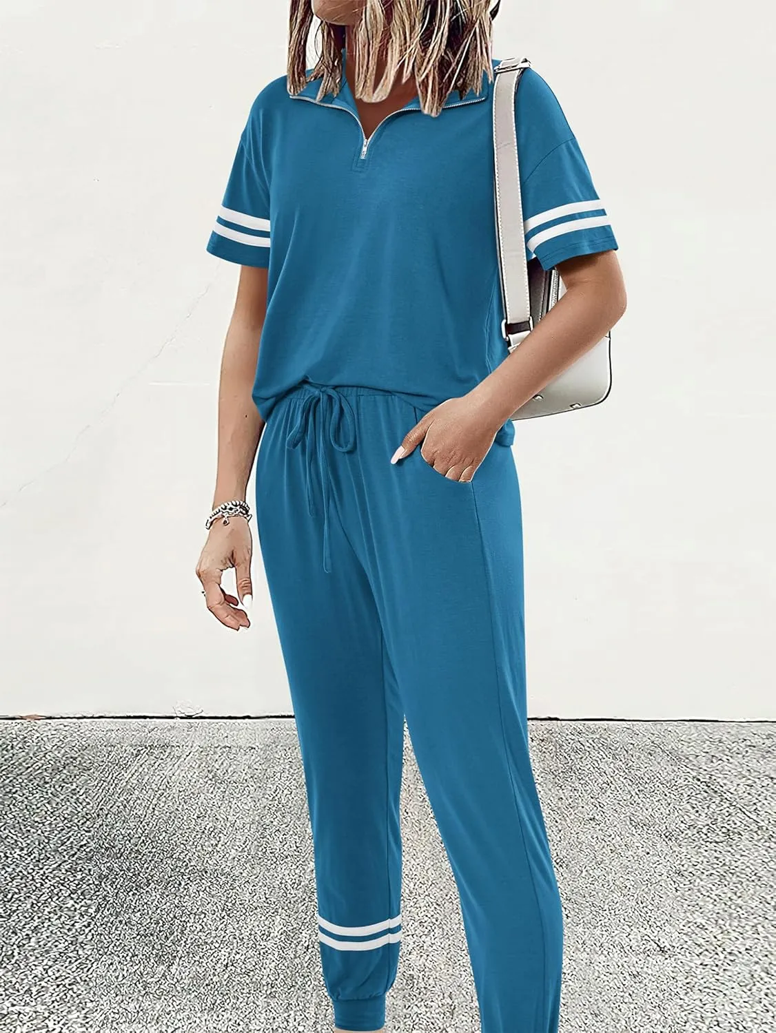 MASCOMODA 2 Piece Outfits for Women 2025 Summer Casual Quarter Zip Short Sleeve Tops Long Pants Tracksuit Jogger Lounge Sets