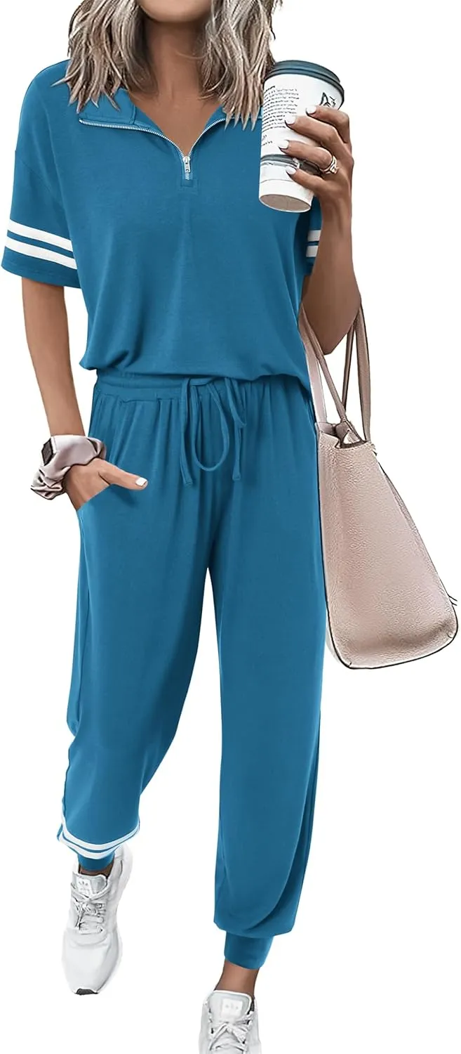 MASCOMODA 2 Piece Outfits for Women 2025 Summer Casual Quarter Zip Short Sleeve Tops Long Pants Tracksuit Jogger Lounge Sets