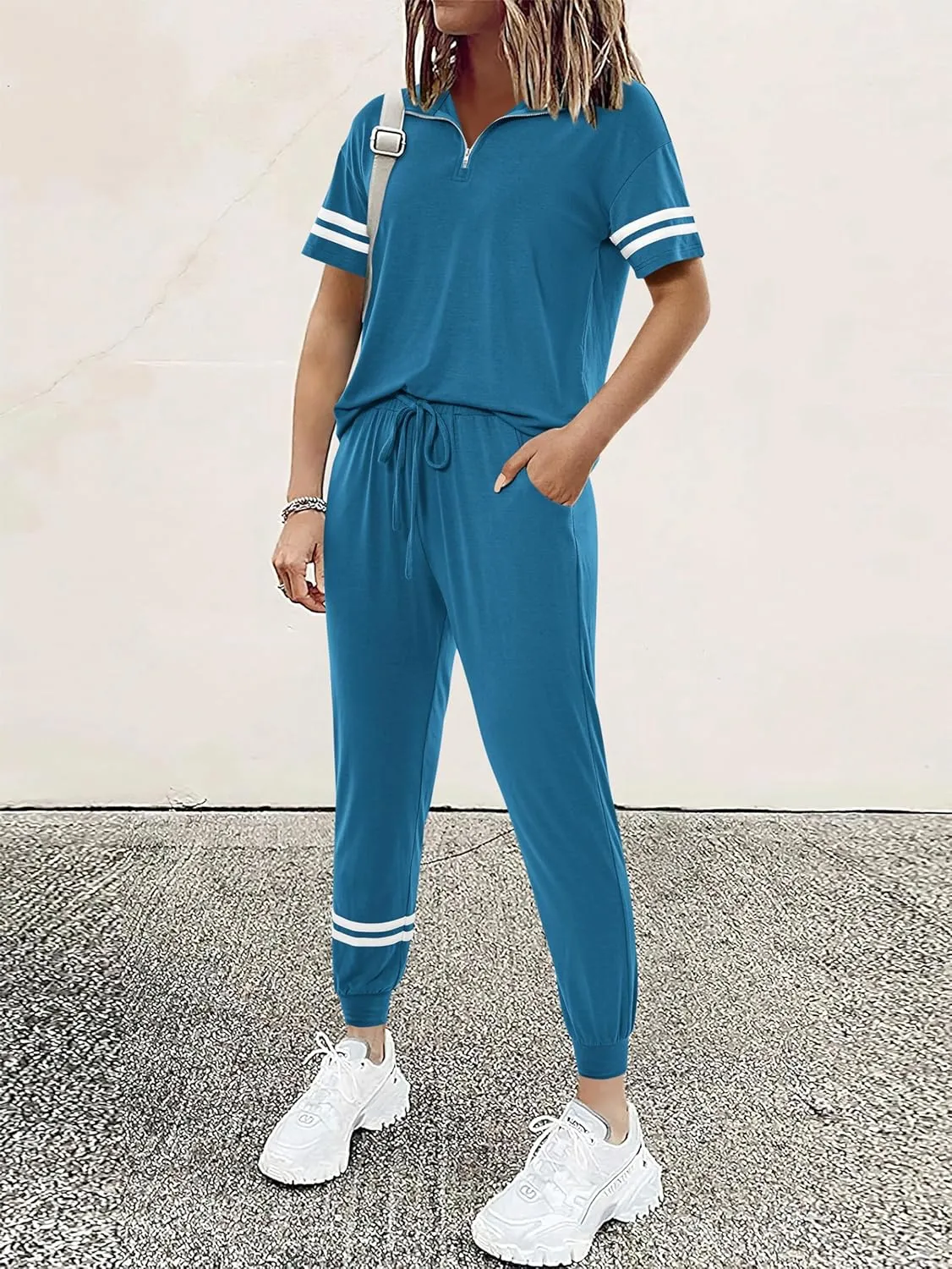 MASCOMODA 2 Piece Outfits for Women 2025 Summer Casual Quarter Zip Short Sleeve Tops Long Pants Tracksuit Jogger Lounge Sets