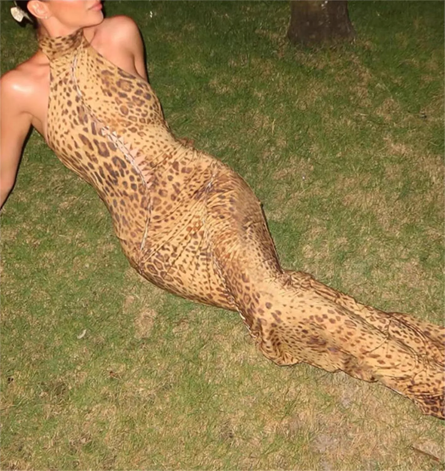 Maxi Dress Halter Neck Sleeveless Leopard Print Lace-up Backless Chic Irregular Hem Sexy Vacation Beach Dress