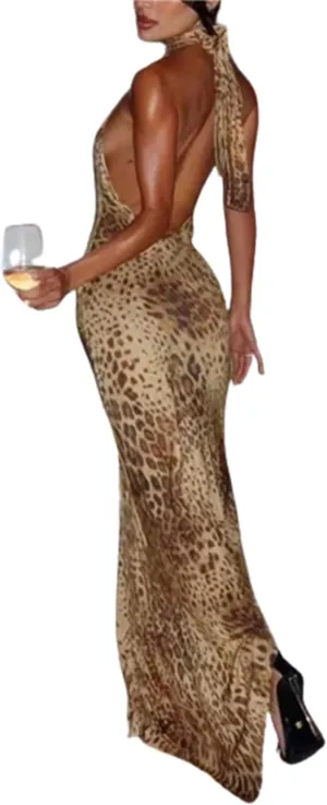 Maxi Dress Halter Neck Sleeveless Leopard Print Lace-up Backless Chic Irregular Hem Sexy Vacation Beach Dress