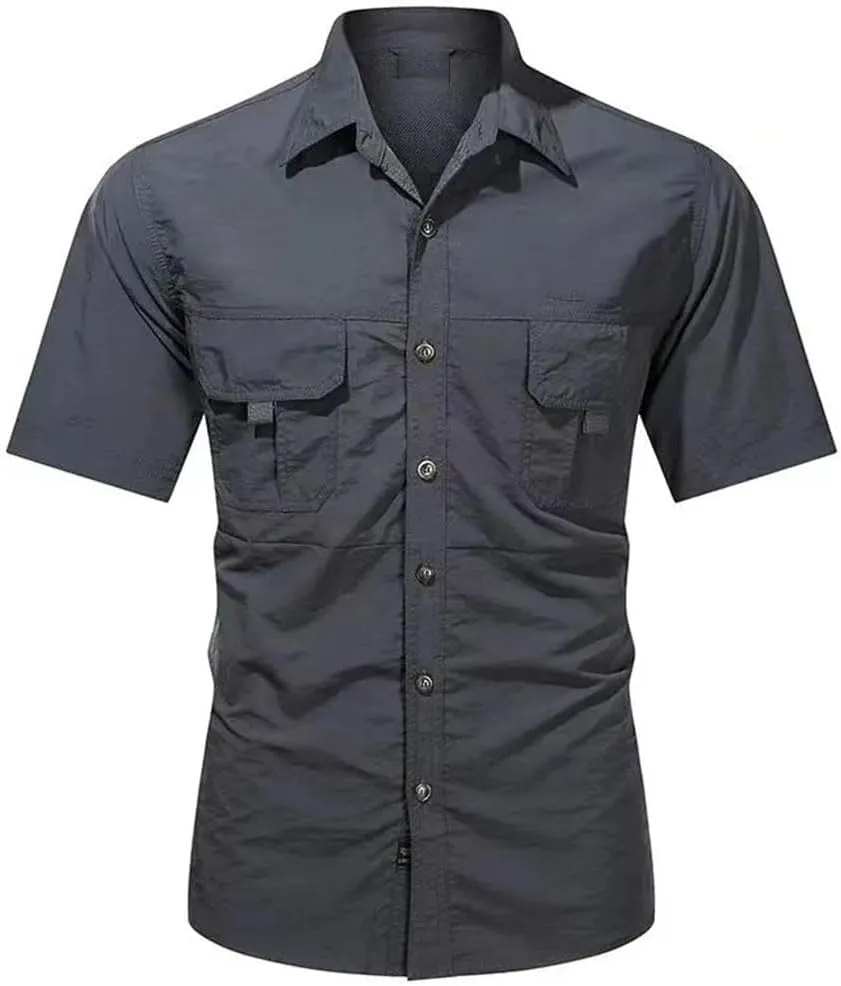 Men's Short Sleeve 2 Pockets Outdoor Casual Shirt Quick-Dry Tops Button Down Militar Shirt for Men