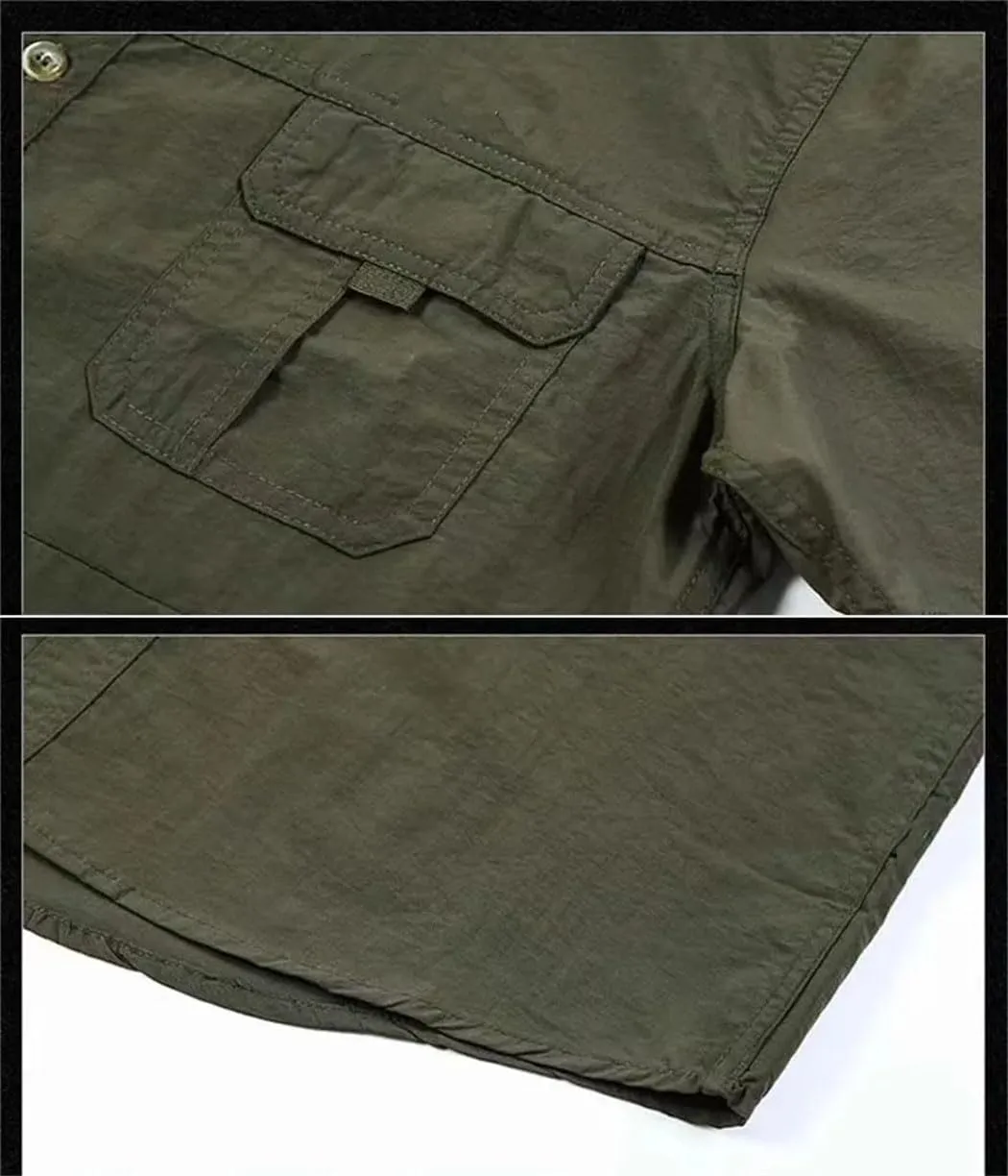 Men's Short Sleeve 2 Pockets Outdoor Casual Shirt Quick-Dry Tops Button Down Militar Shirt for Men