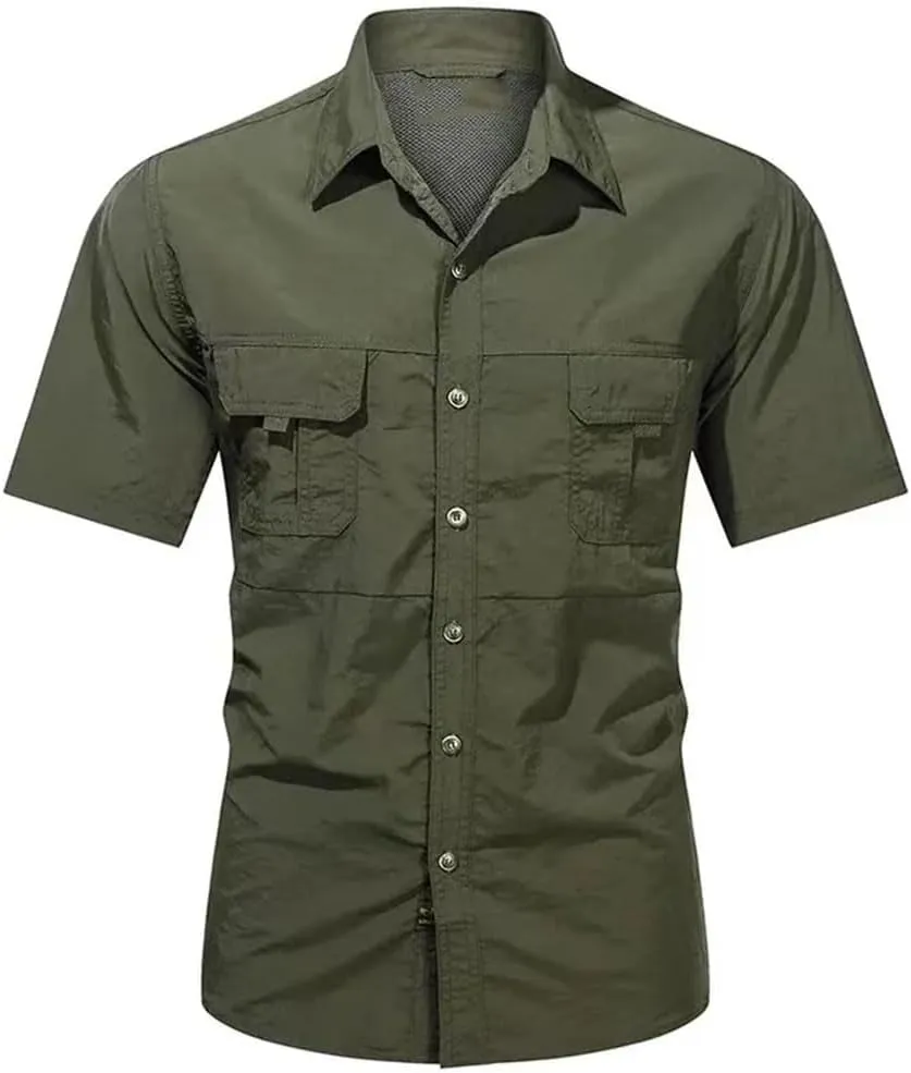 Men's Short Sleeve 2 Pockets Outdoor Casual Shirt Quick-Dry Tops Button Down Militar Shirt for Men