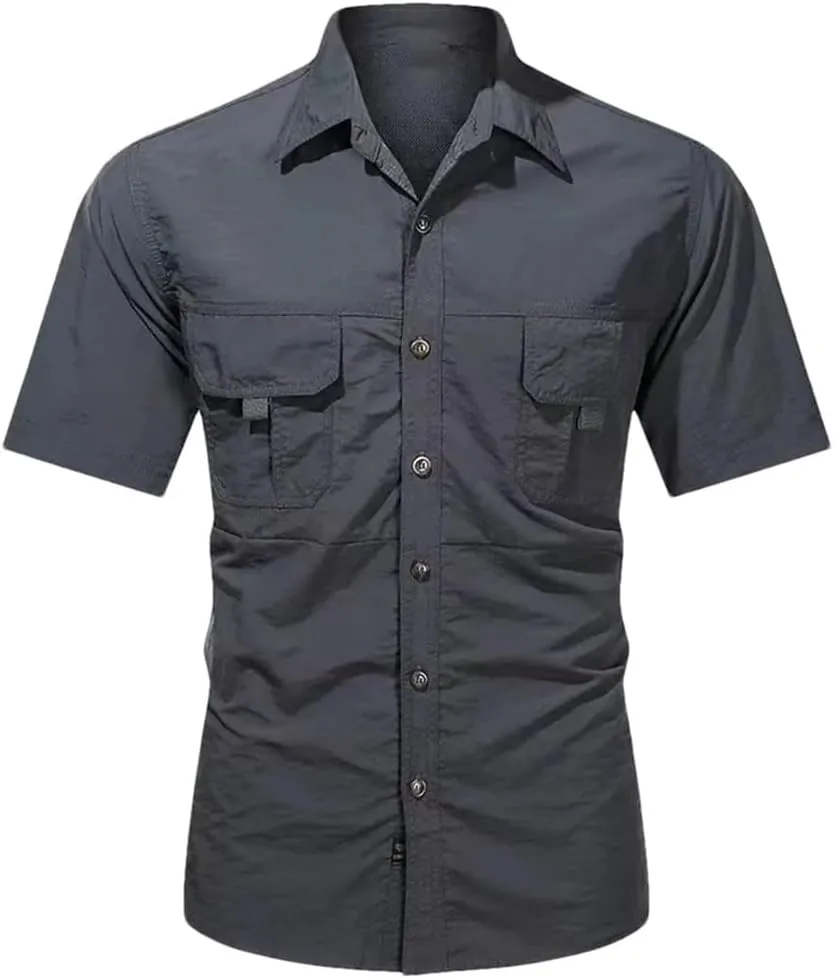 Men's Short Sleeve 2 Pockets Outdoor Casual Shirt Quick-Dry Tops Button Down Militar Shirt for Men
