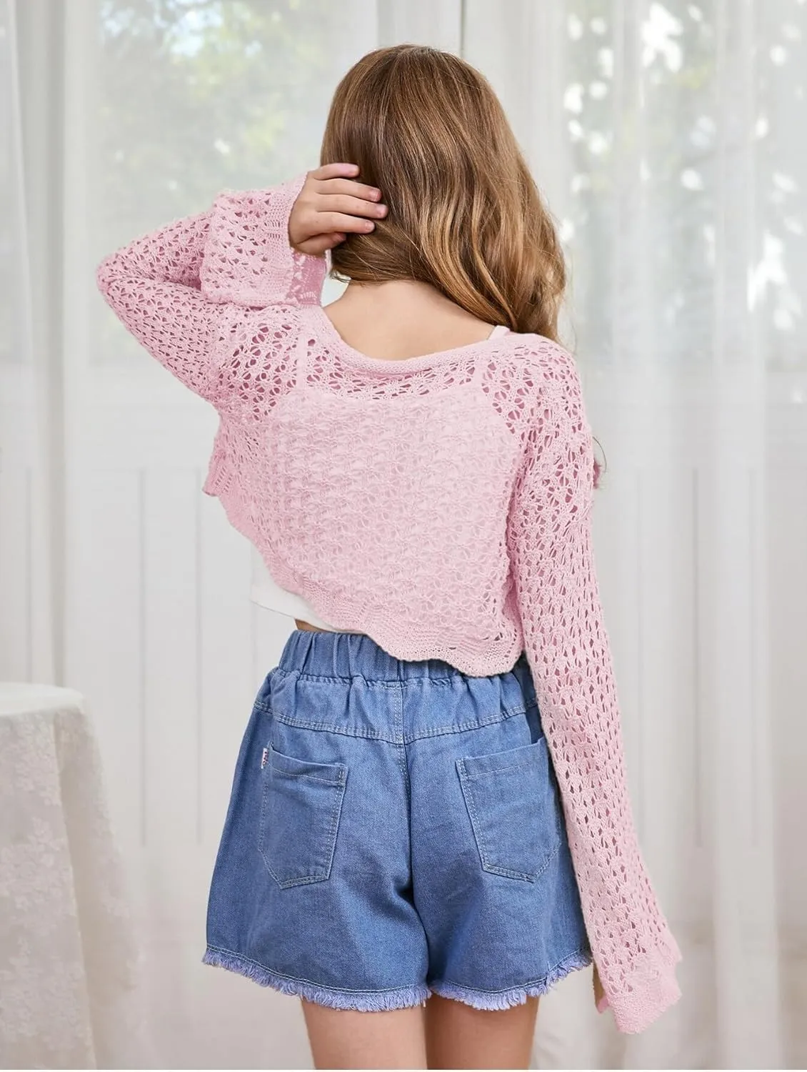 Milumia Girl's Tie Front Crochet Cardigan Hollow Out Long Sleeve Knit Crop Cover Up Top