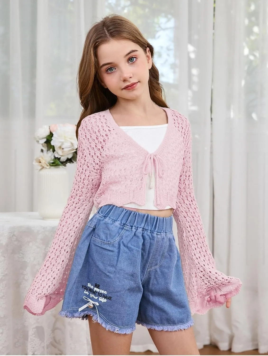 Milumia Girl's Tie Front Crochet Cardigan Hollow Out Long Sleeve Knit Crop Cover Up Top