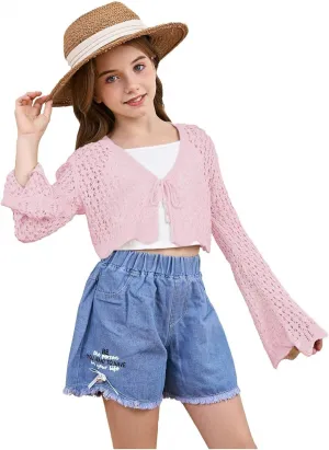 Milumia Girl's Tie Front Crochet Cardigan Hollow Out Long Sleeve Knit Crop Cover Up Top