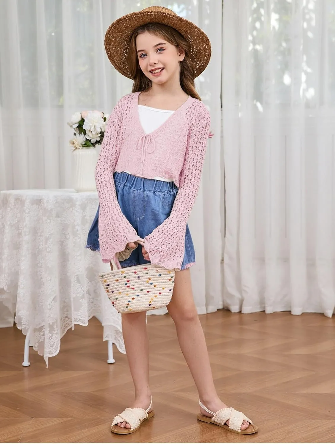 Milumia Girl's Tie Front Crochet Cardigan Hollow Out Long Sleeve Knit Crop Cover Up Top