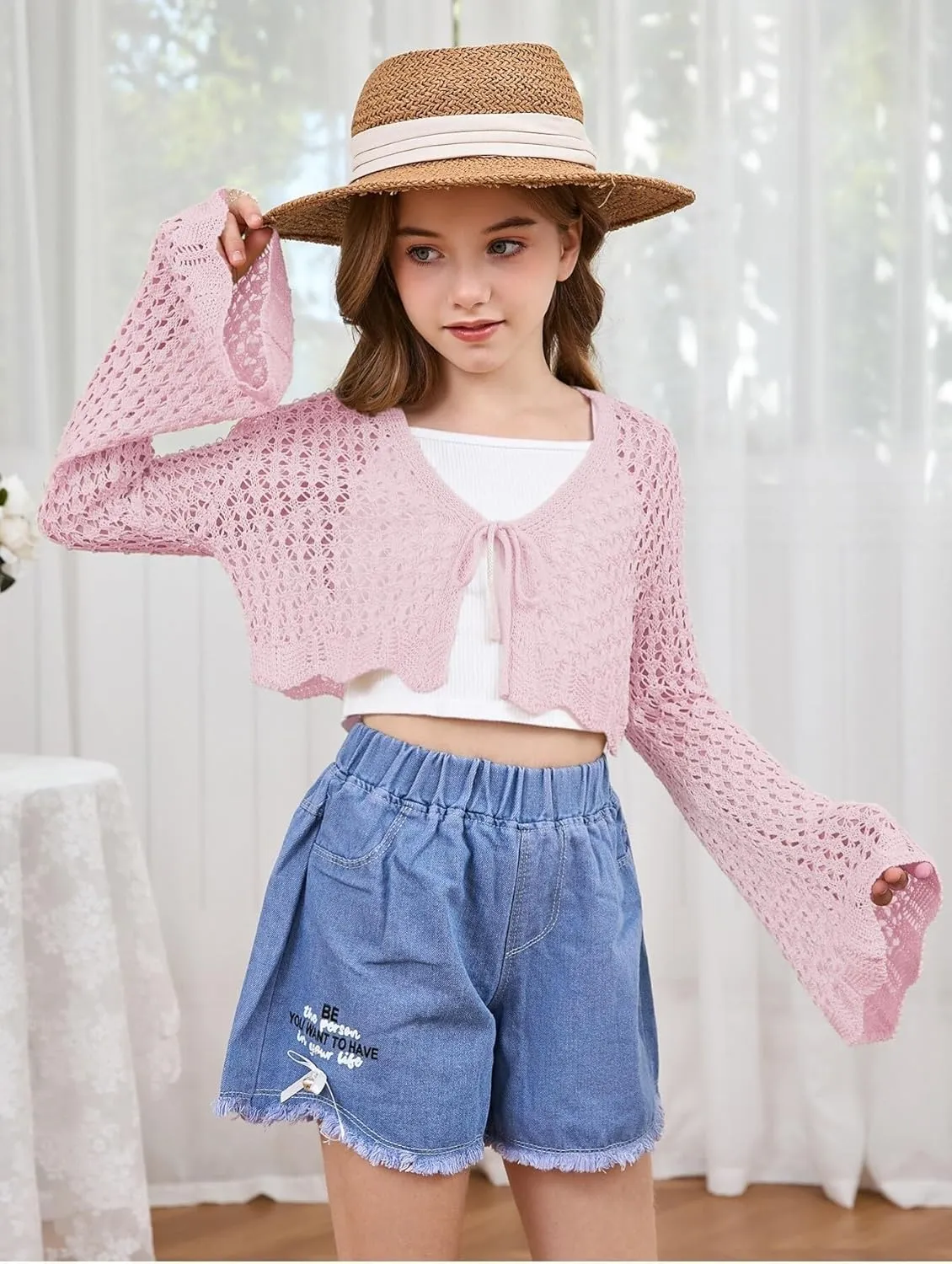 Milumia Girl's Tie Front Crochet Cardigan Hollow Out Long Sleeve Knit Crop Cover Up Top
