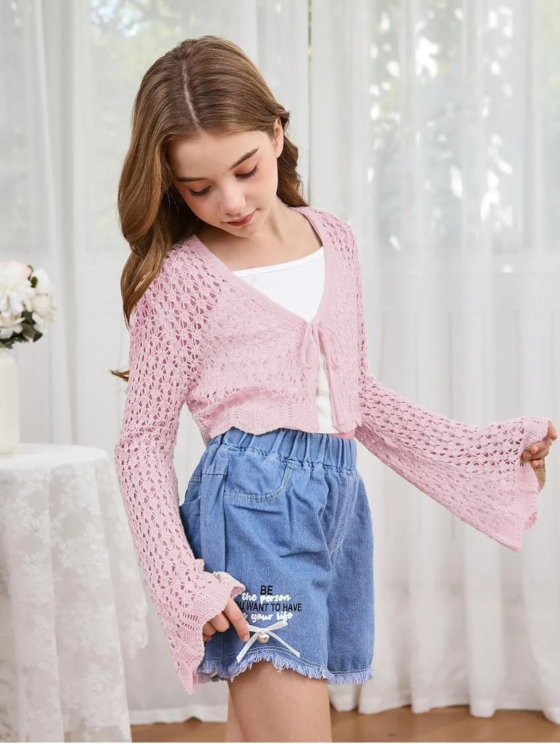 Milumia Girl's Tie Front Crochet Cardigan Hollow Out Long Sleeve Knit Crop Cover Up Top