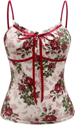 Milumia Women's Floral Frill Trim Tie Front Camisole Contrast Binding Bow Ruched Cami Top