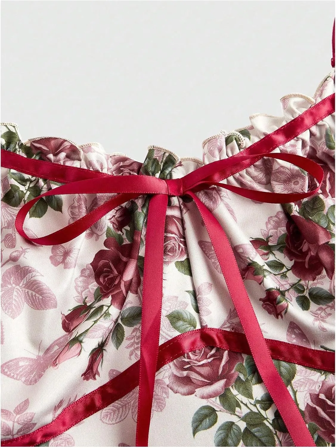 Milumia Women's Floral Frill Trim Tie Front Camisole Contrast Binding Bow Ruched Cami Top