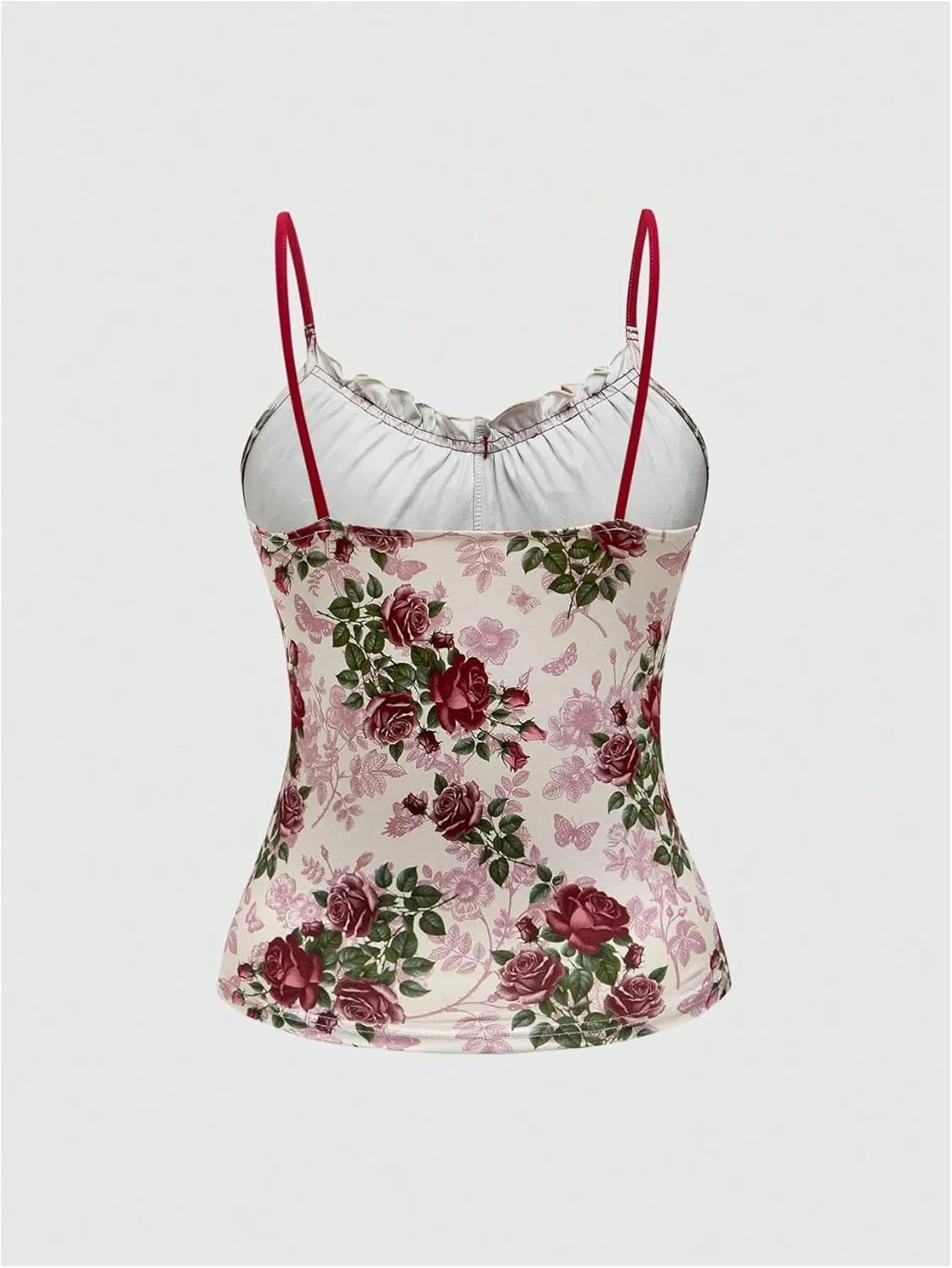 Milumia Women's Floral Frill Trim Tie Front Camisole Contrast Binding Bow Ruched Cami Top
