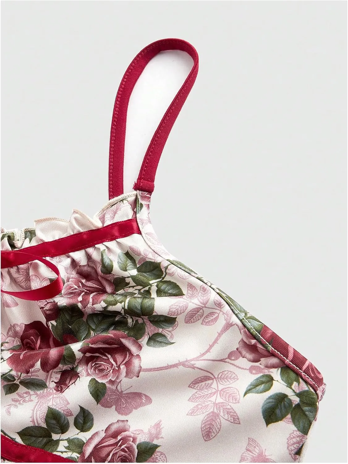 Milumia Women's Floral Frill Trim Tie Front Camisole Contrast Binding Bow Ruched Cami Top