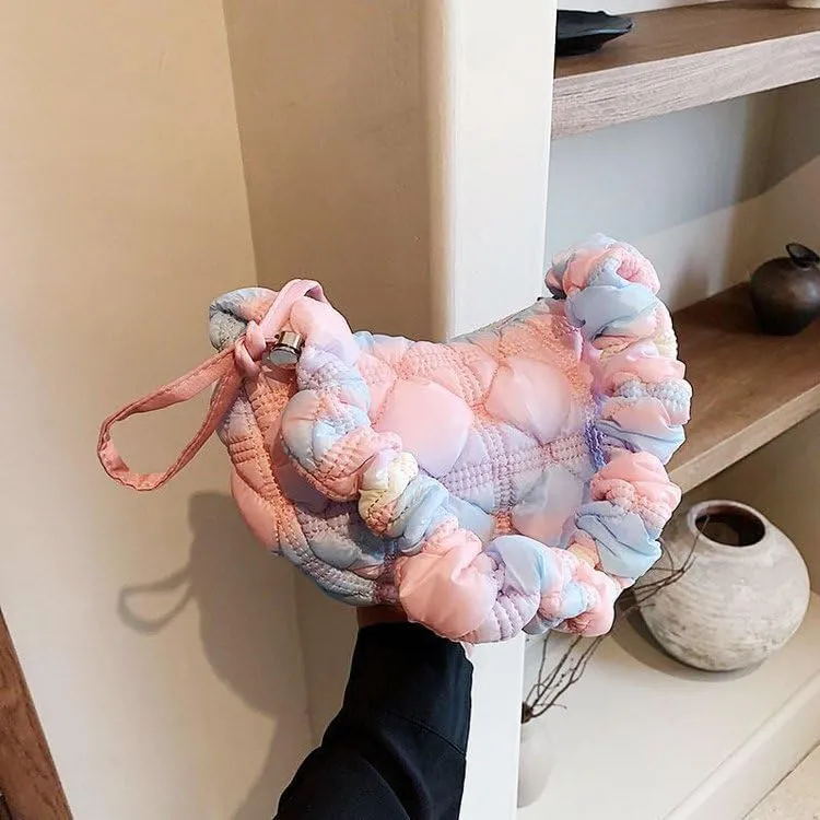 Mini Puffer Shoulder Bag Chic Gradient Rainbow Cloud Bag Quilted Hobo Crossbody Bag Handbag Cute Small Purse Satchel