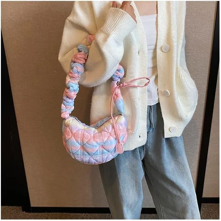 Mini Puffer Shoulder Bag Chic Gradient Rainbow Cloud Bag Quilted Hobo Crossbody Bag Handbag Cute Small Purse Satchel