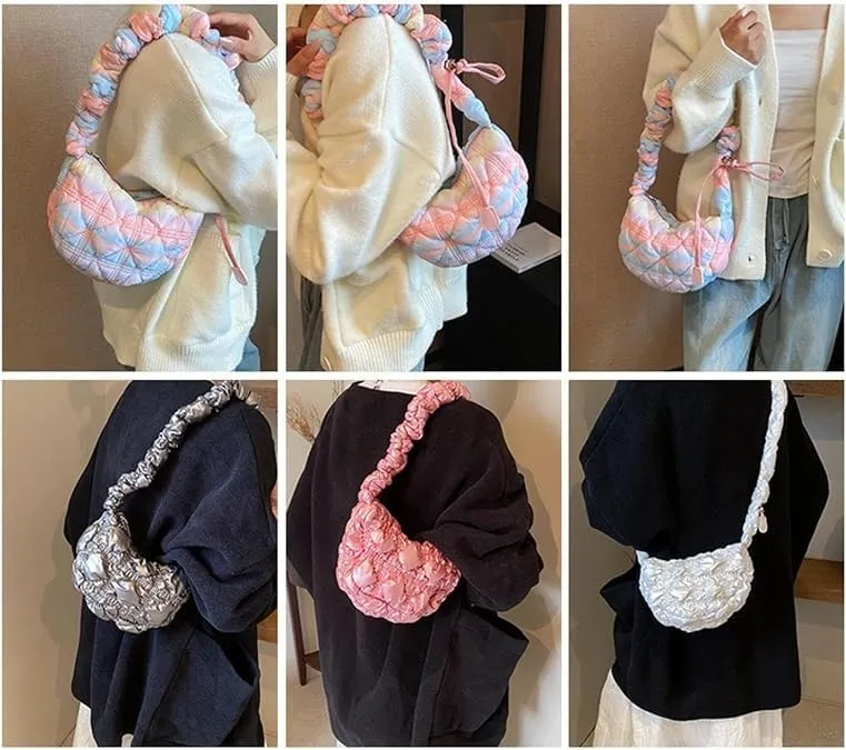 Mini Puffer Shoulder Bag Chic Gradient Rainbow Cloud Bag Quilted Hobo Crossbody Bag Handbag Cute Small Purse Satchel