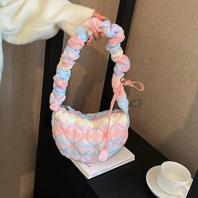 Mini Puffer Shoulder Bag Chic Gradient Rainbow Cloud Bag Quilted Hobo Crossbody Bag Handbag Cute Small Purse Satchel
