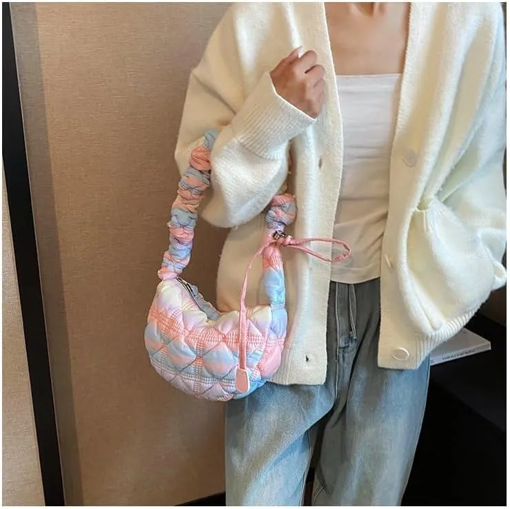 Mini Puffer Shoulder Bag Chic Gradient Rainbow Cloud Bag Quilted Hobo Crossbody Bag Handbag Cute Small Purse Satchel