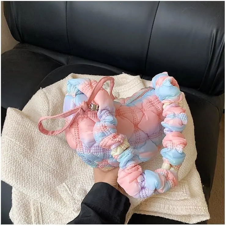 Mini Puffer Shoulder Bag Chic Gradient Rainbow Cloud Bag Quilted Hobo Crossbody Bag Handbag Cute Small Purse Satchel