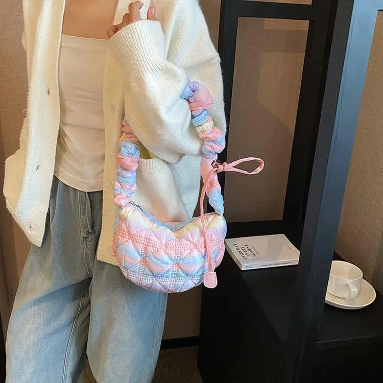 Mini Puffer Shoulder Bag Chic Gradient Rainbow Cloud Bag Quilted Hobo Crossbody Bag Handbag Cute Small Purse Satchel