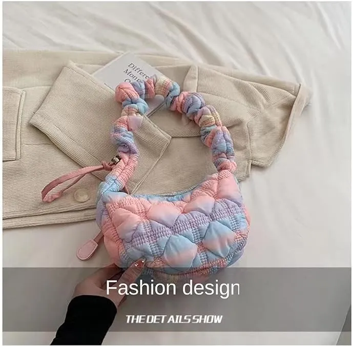 Mini Puffer Shoulder Bag Chic Gradient Rainbow Cloud Bag Quilted Hobo Crossbody Bag Handbag Cute Small Purse Satchel