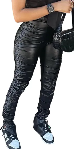 Mintsnow Women's Leather Pants Elastic High Waisted Ruched Leggings Tights Trousers with Slit