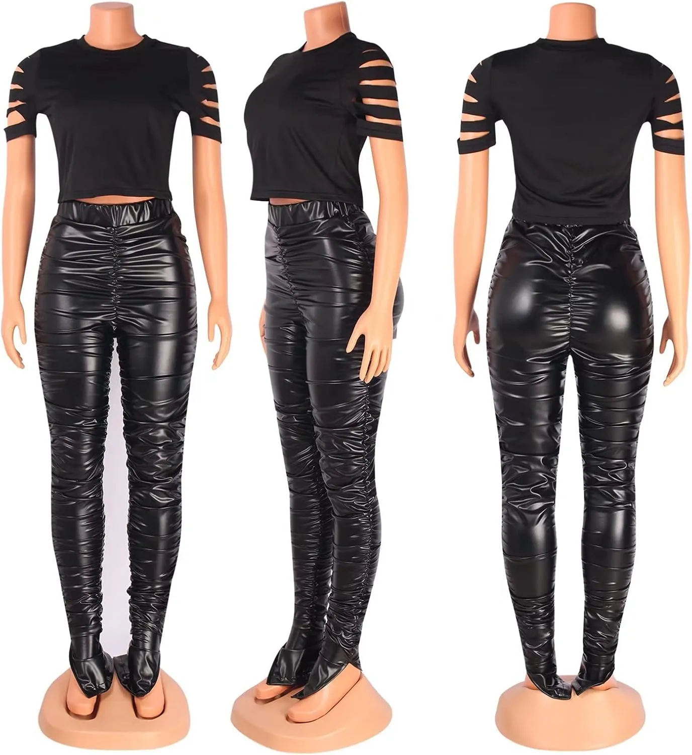 Mintsnow Women's Leather Pants Elastic High Waisted Ruched Leggings Tights Trousers with Slit