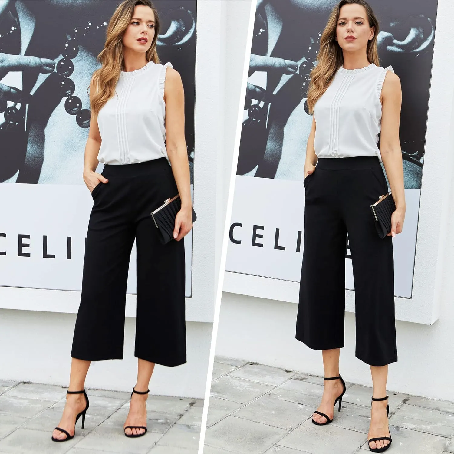 MISS MOLY Women's Wide Leg Pants Business Crop Palazo Dress Pants Capris Culotte Stretch Pull On Work Pants