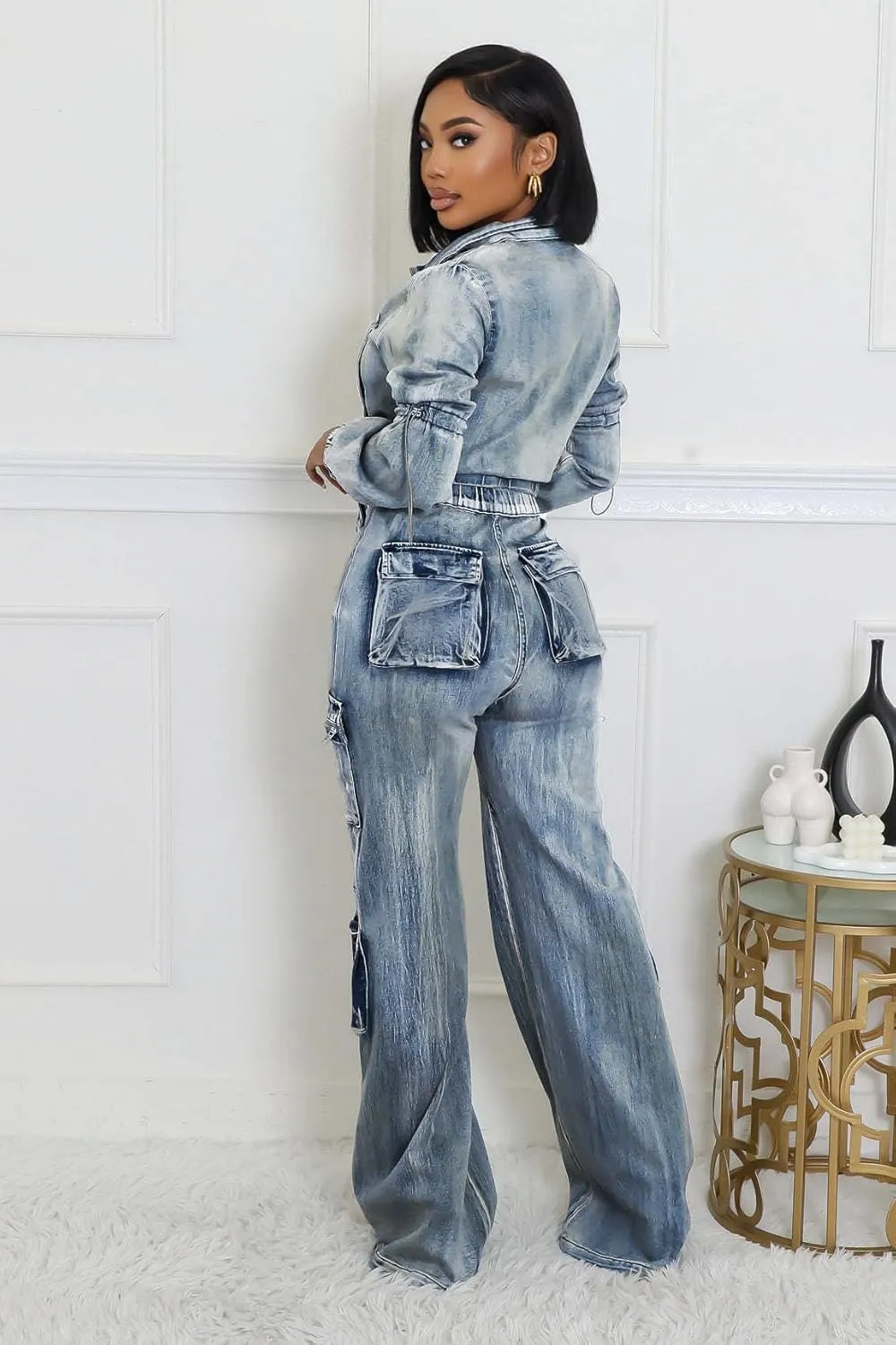 Molilove Women's Two Piece Denim Outfits Long Sleeve Cropped Jean Jacket Cargo Pants with Pockets Y2K Tracksuit Set