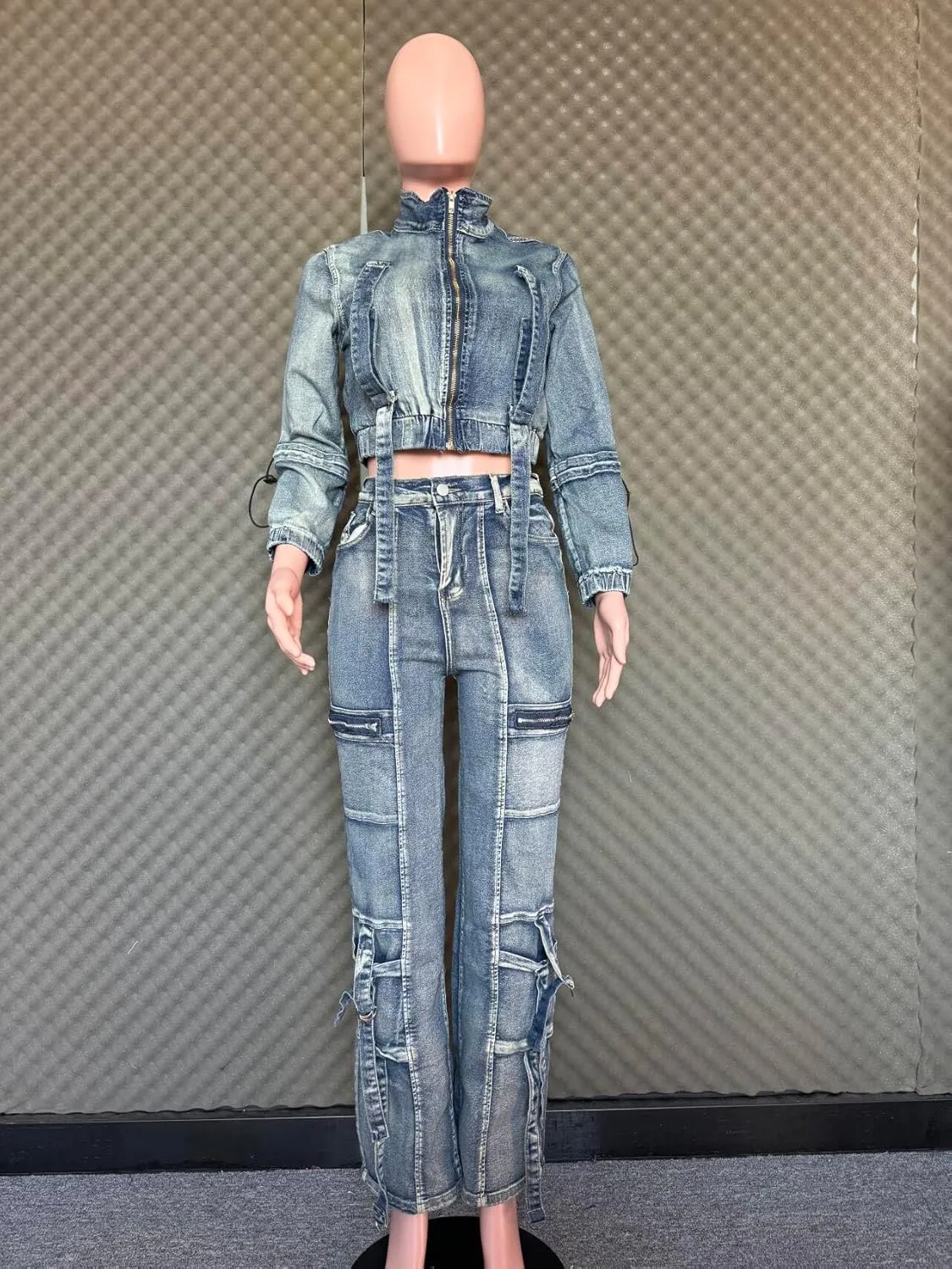 Molilove Women's Two Piece Denim Outfits Long Sleeve Cropped Jean Jacket Cargo Pants with Pockets Y2K Tracksuit Set