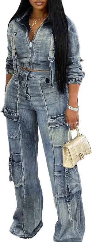 Molilove Women's Two Piece Denim Outfits Long Sleeve Cropped Jean Jacket Cargo Pants with Pockets Y2K Tracksuit Set