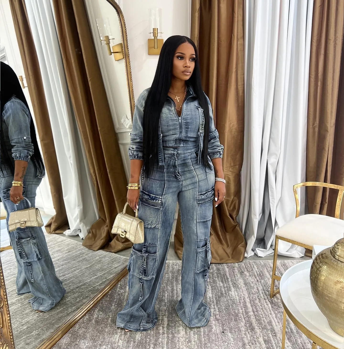 Molilove Women's Two Piece Denim Outfits Long Sleeve Cropped Jean Jacket Cargo Pants with Pockets Y2K Tracksuit Set