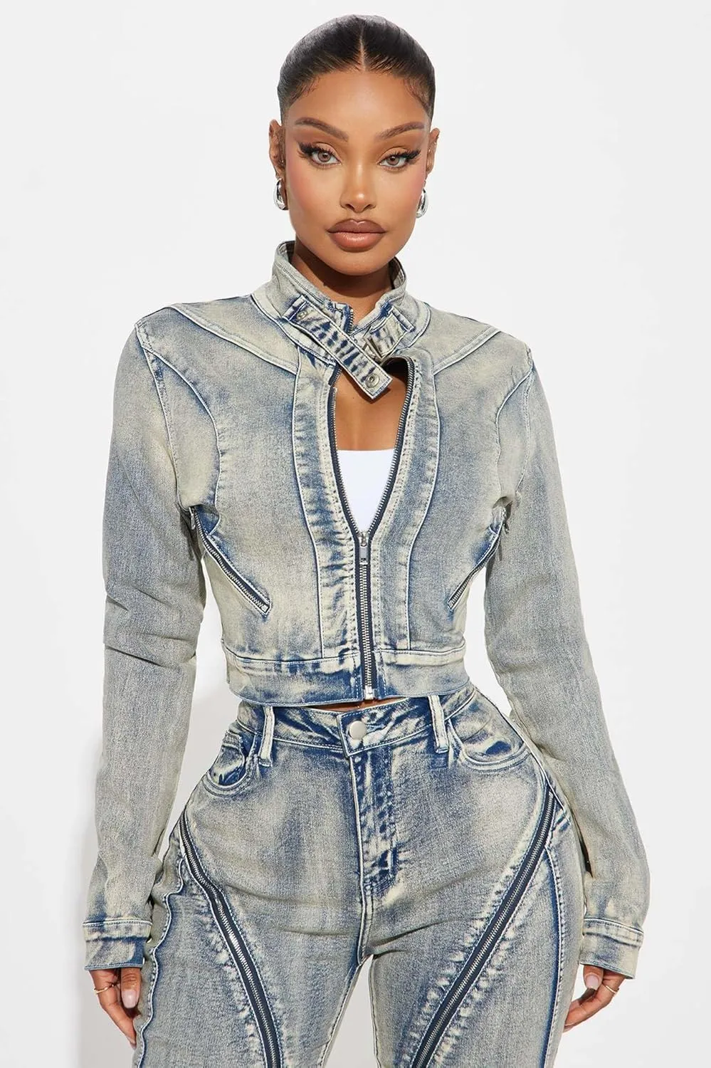Molilove Women's Y2K Two Piece Set Washed Denim Outfits Long Sleeve Zip Up Denim Jacket and Jean Pants Tracksuits
