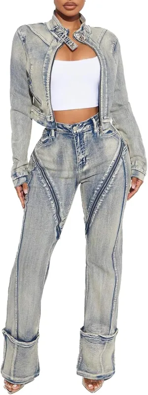 Molilove Women's Y2K Two Piece Set Washed Denim Outfits Long Sleeve Zip Up Denim Jacket and Jean Pants Tracksuits