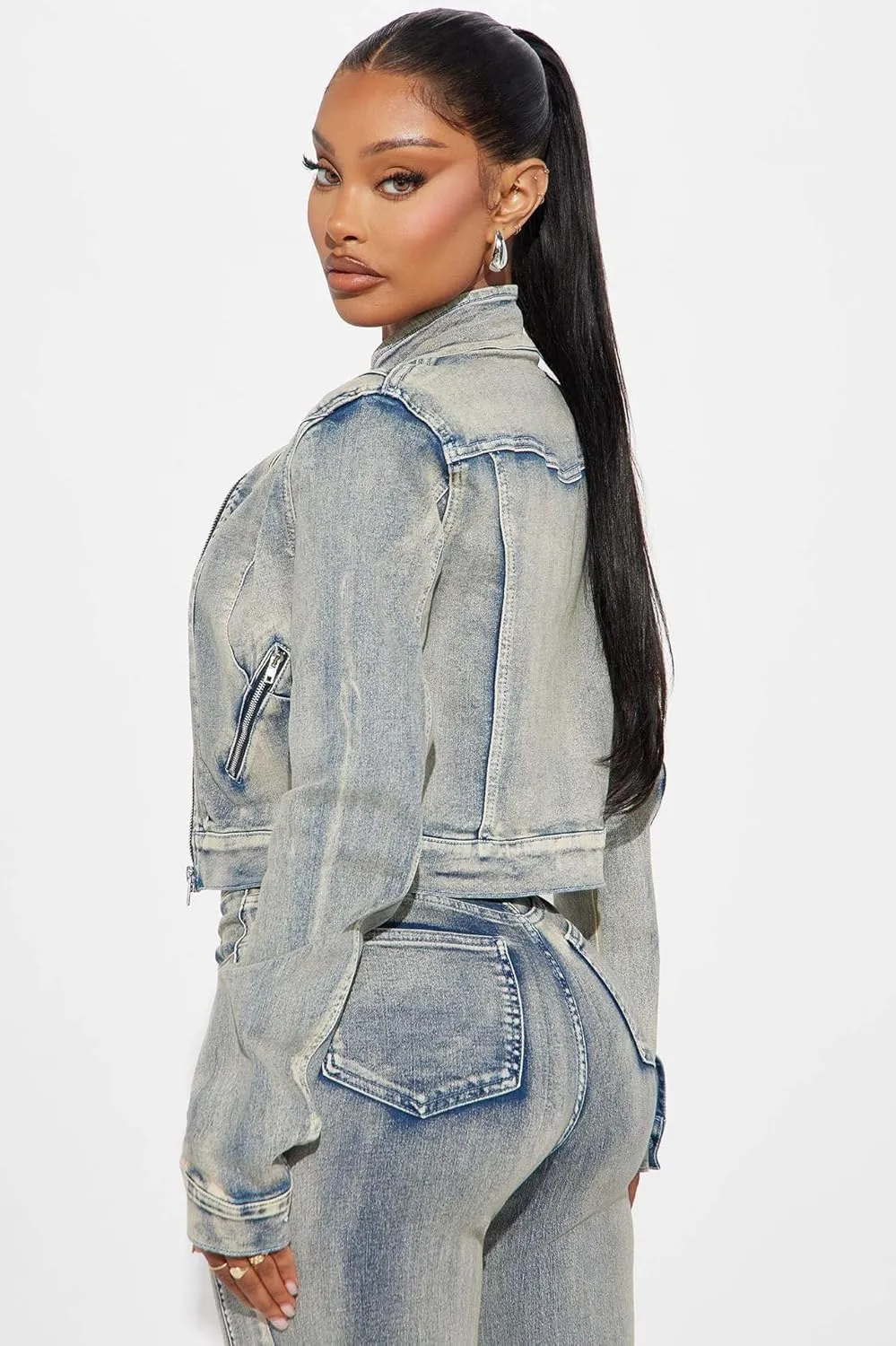 Molilove Women's Y2K Two Piece Set Washed Denim Outfits Long Sleeve Zip Up Denim Jacket and Jean Pants Tracksuits
