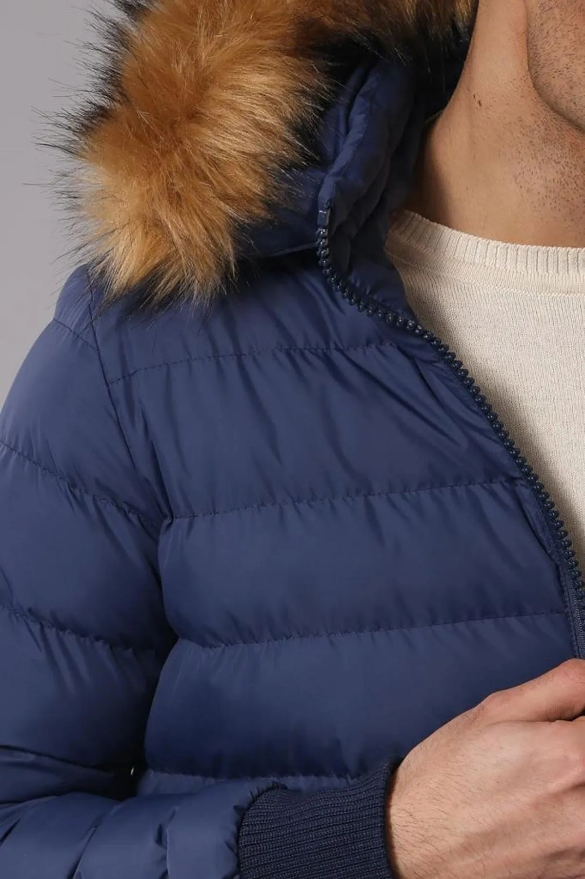 Navy Men's Puffer Coat with Fur - Wessi