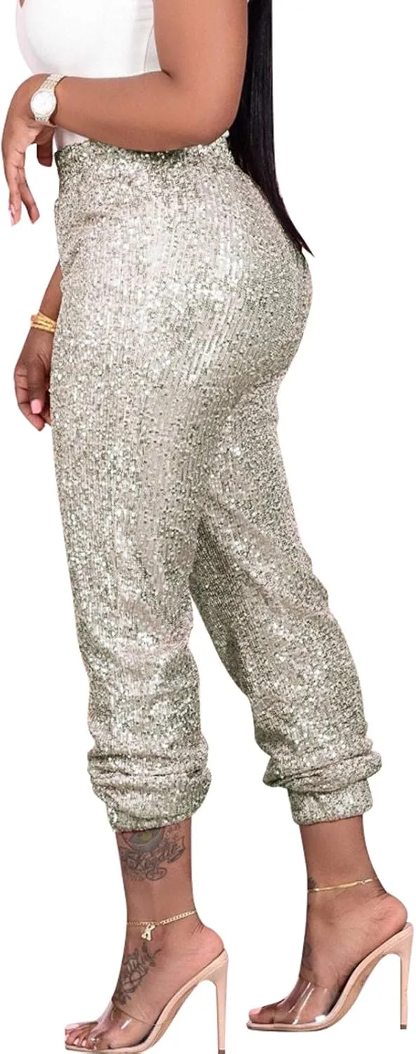 nqgsntc Women Casual Sequin Sparkle Glitter High Waist Pencil Pants Trousers Clubwear