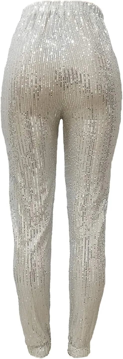 nqgsntc Women Casual Sequin Sparkle Glitter High Waist Pencil Pants Trousers Clubwear