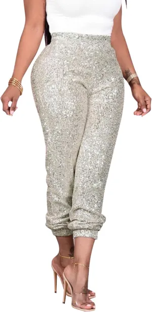 nqgsntc Women Casual Sequin Sparkle Glitter High Waist Pencil Pants Trousers Clubwear