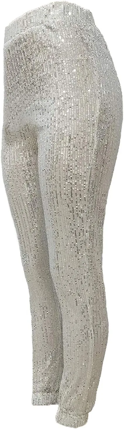 nqgsntc Women Casual Sequin Sparkle Glitter High Waist Pencil Pants Trousers Clubwear