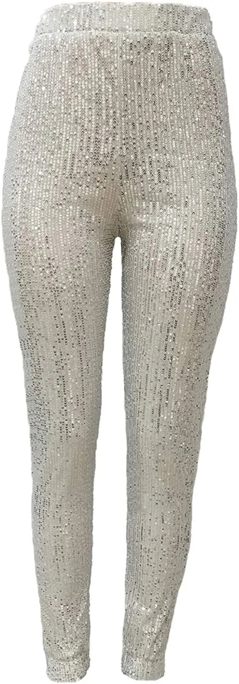 nqgsntc Women Casual Sequin Sparkle Glitter High Waist Pencil Pants Trousers Clubwear