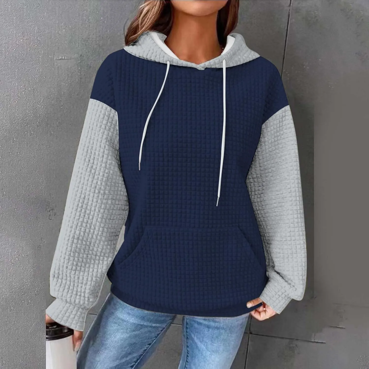 Oversized Hoodies for Women Color Block Waffle Sweatshirts Casual Drawstring Pullover with Pockets Fall Clothes