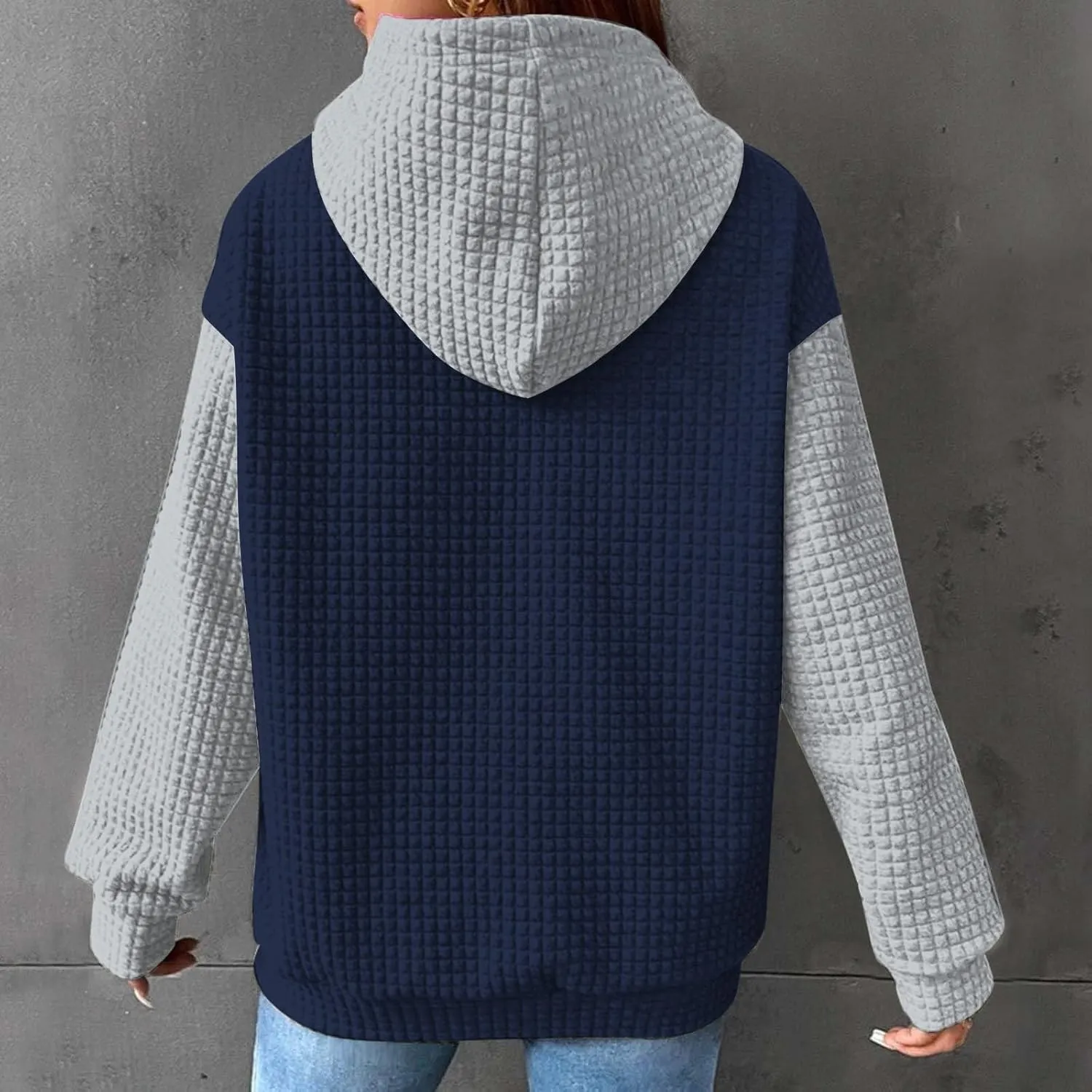 Oversized Hoodies for Women Color Block Waffle Sweatshirts Casual Drawstring Pullover with Pockets Fall Clothes