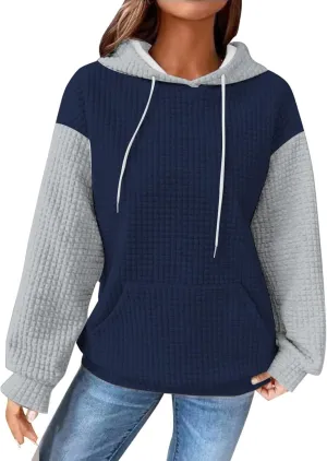 Oversized Hoodies for Women Color Block Waffle Sweatshirts Casual Drawstring Pullover with Pockets Fall Clothes